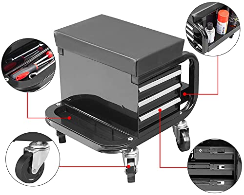 Torin APD2016AB Rolling Tool Chest/Tool Box with 3 Drawers and Wheels, Padded Mechanic Stool Creeper Seat, Black