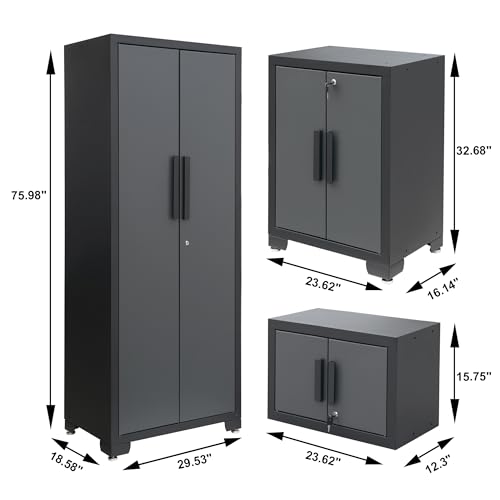 Torin 12 Piece Garage Storage Cabinet Set: Workshop Tool Organizer Chest with Lockers, Shelves and Wood Workbench, Black/Grey
