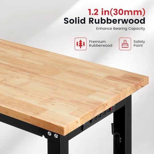 ENJOYWOOD 60" Adjustable Workbench, 1.2" Rubber Wood Top Heavy Duty Workstation, 2500 LBS Load Capacity Hardwood Work Table with Power Outlets & Pegboard, for Garage, Workshop & Home