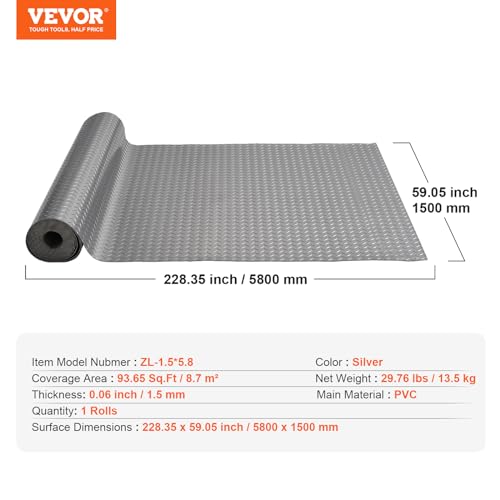 VEVOR Garage Floor Mat, 19 x 4.9 FT PVC Garage Flooring Roll, Non-Slip Diamond Texture, 93.65 sq.ft Covering Space, Garage Mats for Under Cars, for Gyms Boats Car Trailer, Gray