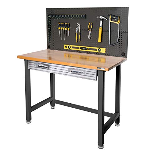 Seville Classics Pegboard Workcenter with 23 Peg Hook Assortment and Drawer Table, 48", Satin Graphite