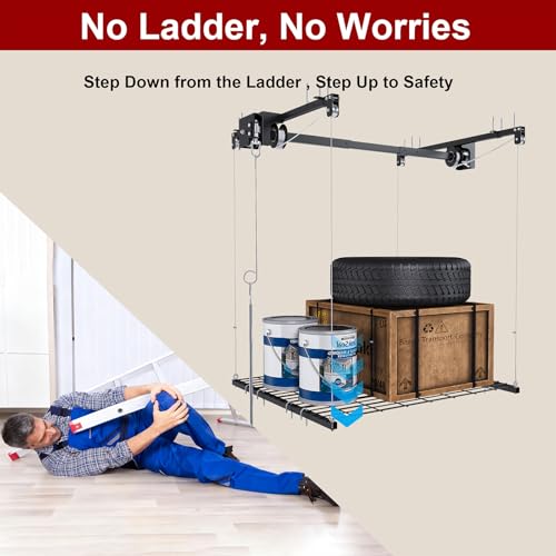 S.Walt Hanging Garage Ceiling Storage Racks, Adjustable Overhead Garage Storage Lift, Mounted 44 ft Heavy-Duty Steel Platform for High Ceilings 1012 ft, Supports 250 lbs for Everyday Use