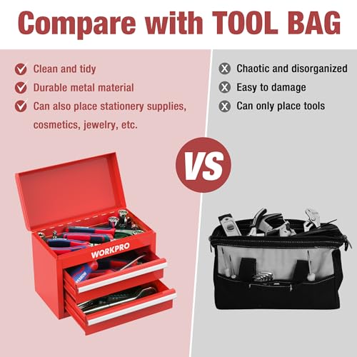 WORKPRO Mini Metal Tool Box with 2 Drawers and Top Storage, Small Tool Chest with PVC Liners and PP Feet Pads, Cold Rolled Steel Toolbox with Magnetic Tab