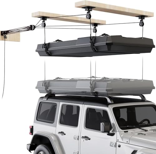Pacikwest Garage Ceiling Storage Lift System Roof Top Tent Hoist, Heavy Duty Overhead Pulley System for Garage Storage Rack, 4-Point Lift 250lb Capacity, Adjustable Straps Fits 8-16ft Ceiling