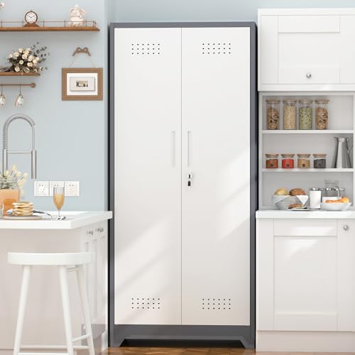 IRONFFICE Metal Garage Storage Cabinets,Broom Closet Storage Cabinet with Doors and Shelves,Tall Utility Closet Cabinet with Pegboard,Laundry Cabinet for Garage,Warehouse,Home,Basement,Grey-White