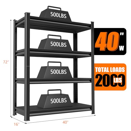 Rufokisa 40in Wide Garage Shelving Heavy Duty，2000lbs Large Loads Adjustable Garage Storage Shelves,All Metal Storage Racks and Utility Rack Shelves, 40”W x 16”D x 72”H (Black)