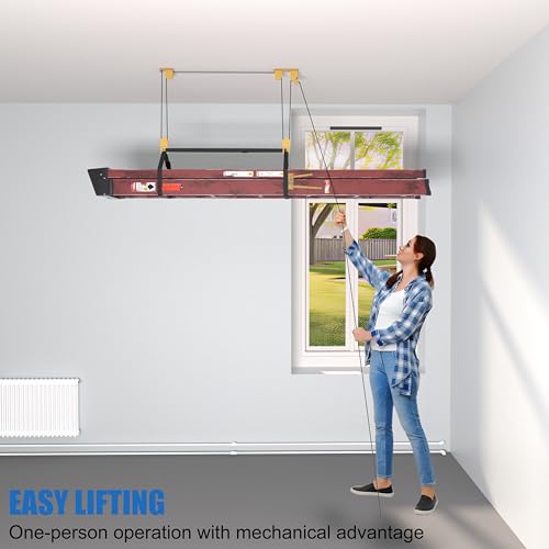 TRUSOON Ladder Storage Pulley Hoist, Self Locking Function Ladder Hanger, Garage Ceiling Mount Lift System for Lightweight Kayak, Bike, Surfboard, Hold 100 lbs, Fit 10-18 Foot Ceilings