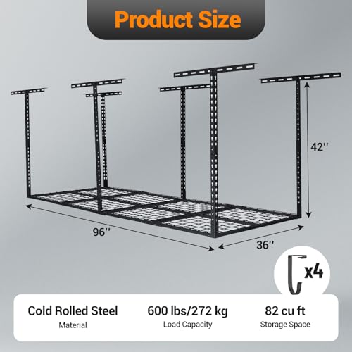 GarveeHome Garage Ceiling Storage Racks - Heavy Duty, 96'' * 36'', Adjustable Cold Rolled Steel Racks, 600 lb. Loading Weight Capacity