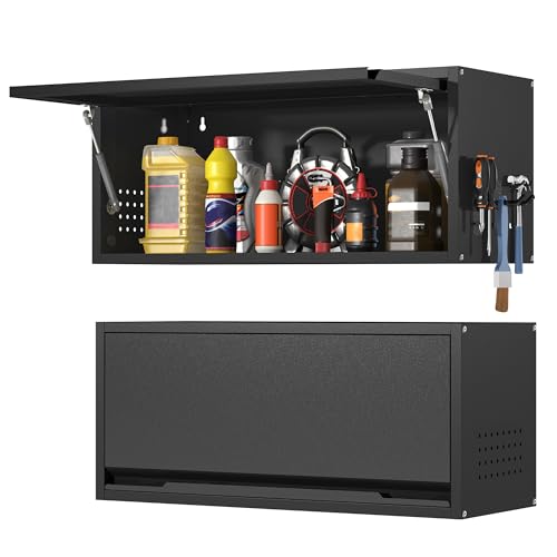 Coolsun Metal Wall Cabinet, Garage Wall Cabinet with Up-Flip Door, 31.5" W Wall Mounted Metal Storage Cabinet for Kitchen,Garage,Basement,Ware House Assembly Required (Black)