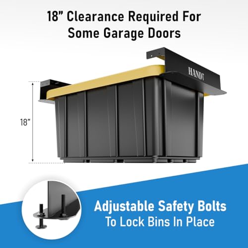 USA Based Overhead Garage Storage Rack, Connectable Heavy Duty Metal Ceiling Rails Garage Storage Organization Shelving System, Hanging Racks Tote Containers, Supports Up To 6 Bins, 4 Sets Black