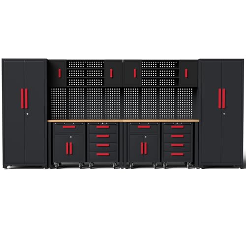 Tsnritor Garage Storage Cabinet System, 12PCS Garage Cabinets and Storage System Kit Workshop Set with Steel Cabinet, Cabinet Drawers, Workbench, Red Handle