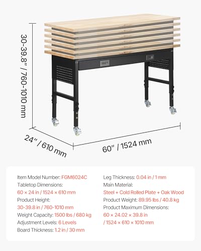 VEVOR 60-inch Adjustable Workbench, 1500 lbs Load Capacity, Garage Workbench with Drawer, Power Outlet, Wheels, and Pegboard, Heavy Duty Oak Wood Top Work Table for Garage, Workshop, Office, and Home