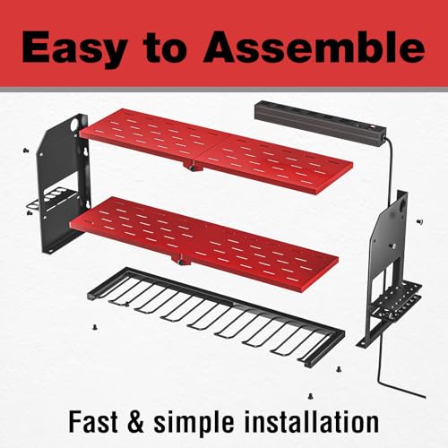 YYR Power Tool Organizer with Charging Station Wall Mount, Cordless Drill and Battery Holder for Garage Organization, Electric Tools Storage Rack Build in Surge Protection Power Strip - Red Shelf