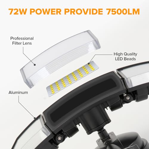 LUTEC 72W 7500LM LED Security Lights Motion Sensor Light Outdoor, 5000K Daylight, IP65 Waterproof, Dusk to Dawn, 3-Head Motion Detected Flood Light for Garage, Yard, Porch(Black)
