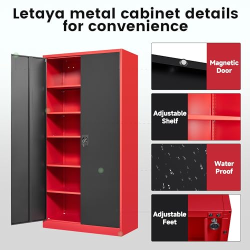 Letaya Metal Storage Cabinets with Lock, 71" Tall Locker Organizer Steel Cabinets, Adjustable Shelves 2 Doors for Home, Office, Warehouse,Garage,Industrial,Employee Lockers (Style B, Black Red)