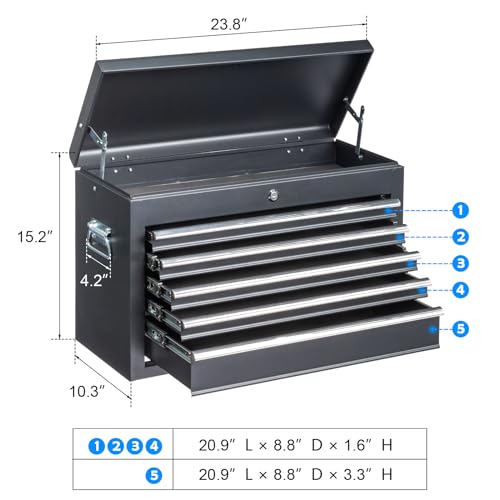Winado 24" Portable Metal Tool Box, 5 Drawers Toolbox with Top Storage Tray, Carry Handle, Ball Bearing Runners, Lockable Tool Chest Cabinet for Garage, Warehouse, Repair Shop & Home, Black