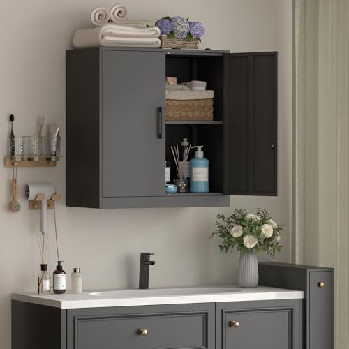 IRONFFICE Metal Wall Cabinet,Garage Cabinet with Handle,Lockable Storage Cabinets Wall Mounted with 2 Doors,Locking Cabinet with Shelves for Basement,Office,Living Home,Black