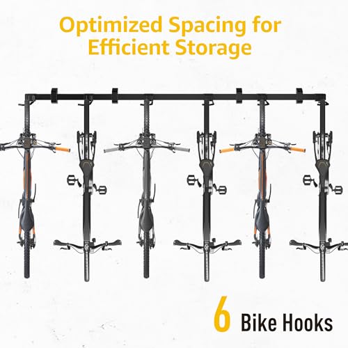 monTEK Enhanced Garage Bike Rack, Adjustable 6 Bike Hangers for Garage, Equipped with 78.5in Extended Rail to Accommodate Various Bicycle Sizes, Heavy-Duty Steel Bike Wall Mount, Max Capacity 330 lbs