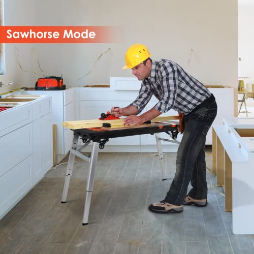 TLGREEN 7-in-1 Portable Workstation, Folding Workbench & Work Table with Wheels, Converts to Sawhorse, Low Work Platform, Dolly & Hand Truck for Garage, Jobsite, Woodworking & DIY