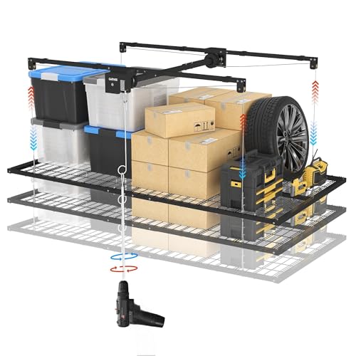 Garvee Overhead Garage Storage Rack Lift, 4x8 ft Ceiling Mounted Storage Racks, 12FT Max Adjustable Height, 800lbs Weight Capacity, Heavy-Duty Metal Ceiling Rack for Organization