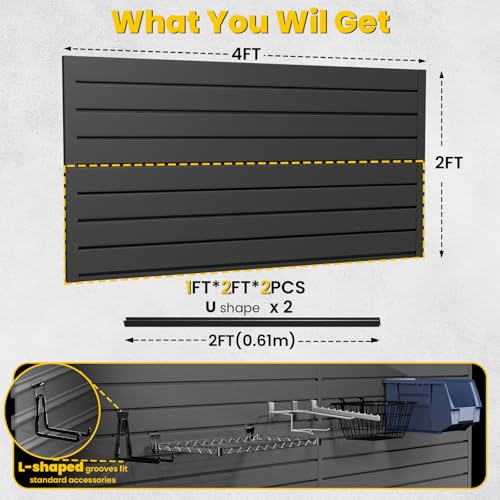 AQOVOR SlatWall Paneling 4x2 FT, PVC Slat Wall Panels with 8 Hooks Heavy-Duty Garage Organization System, Slatwall Pegboard Suitable for Home、Garage、Shop Wall Display & Organization (Black)
