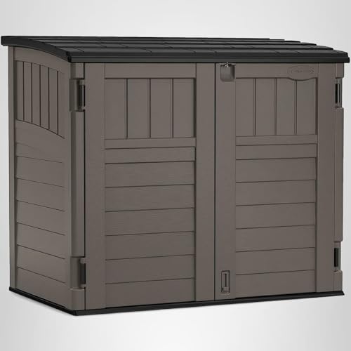 Suncast 34 Cu Ft Horizontal Resin Storage Shed - Outdoor Storage Shed with Floor Included, Lockable, Weatherproof, Fits Small to Medium Trash Cans, Generators, & Garden Tools, Stoney Black
