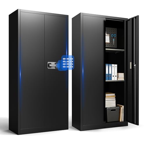 Marcree Metal Storage Cabinet with Digital Lock, 70" Tall Locker with Alarm System, Black File Storage Cabinet with Door and Adjustable Shelves, Pegboard, Hooks, Gun Rack for Home Garage Office