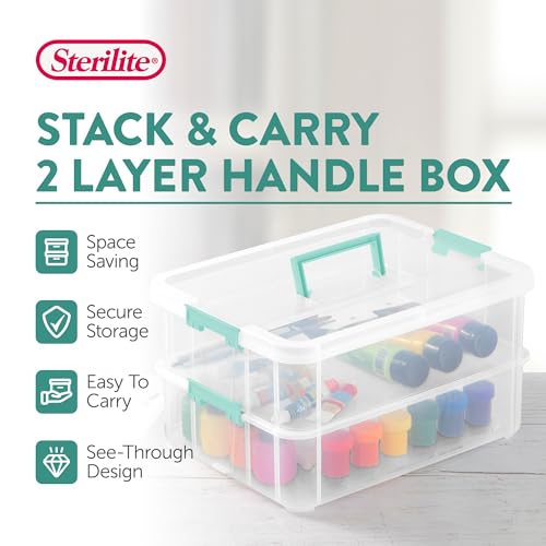 Sterilite 4-Pack Stack & Carry, 2 Layer Handle Box for Home & Office Storage - Clear Base & Lid with Color Latches, Organizer for Art & Craft Supplies, Sewing Tools or 8.5" x 11" Paper