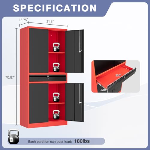 LISSIMO Metal Garage Storage Cabinet with Locking Doors and Drawer, 71" Steel Tool Storage Cabinet with Adjustable Shelves for Garage,Office,Warehouse (Red Black)