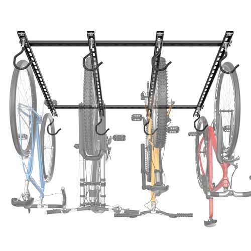 TORACK Ceiling Bike Rack for Garage, Ceiling-Mounted Bicycle Storage Hooks for 4 Bikes (Horizontal) or 8 Bikes (Vertical), Adjustable Overhead Bicycle Hooks for Mountain, Road, and Kids' Bike