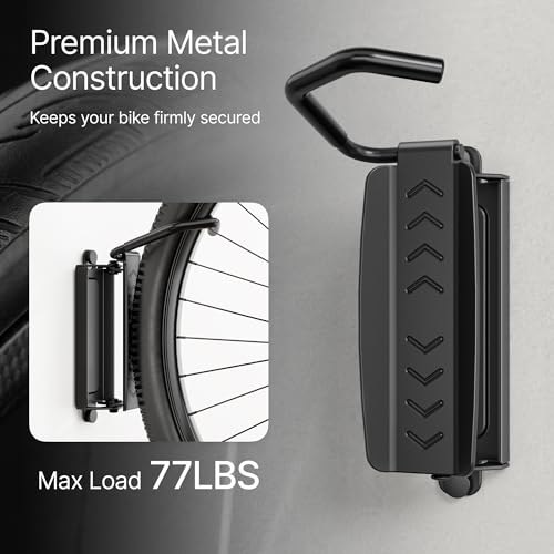 PEGZONE Bike Rack Garage, Heavy Duty Swivel Bike Wall Mount, Holds 77 Lbs, Bike Hangers for Garage, Adjustable Indoor Bike Storage for Bedroom Home Office, 1 Pack
