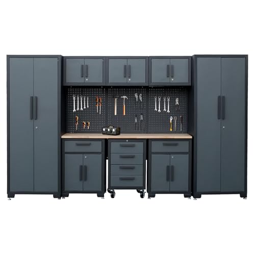 Tsnritor Garage Storage Cabinet System, 9PCS Tool Chest Workbench Storage System in Black, Included Steel Cabinets Drawers Rolling Chest and Pegboard,Locked Garage Storage Cabinet,Grey Handle