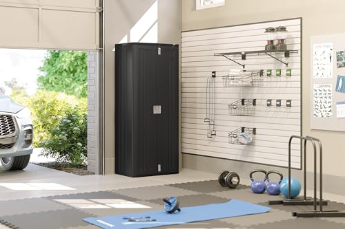 Suncast Tall Storage Cabinet for Garage Organization - 72" Freestanding Utility Closet with Shelving for Garden Supplies, Paint Cans & Outdoor Tools, Multi-Wall Resin Construction, Black