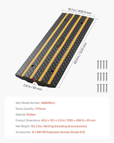 VEVOR Car Driveway Rubber Curb Ramp, 33069 lbs Load Capacity, 2.6 inch Rise Curbside Bridge Ramp with Yellow Reflective Strips, Suitable for Loading Dock, Warehouse, Garage, Sidewalk (3 Pack)