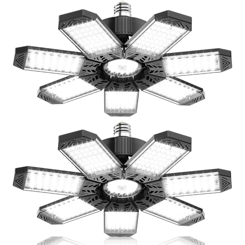 HAPYLUMI LED Garage Light 200W, 2 Pack 20000LM Bright Garage Lights Ceiling Led with 7 Adjustable Panels, 6500K Shop Lighting Screw in E26/E27 Bulb Socket, LED Lights for Shop Barn Basement Bay