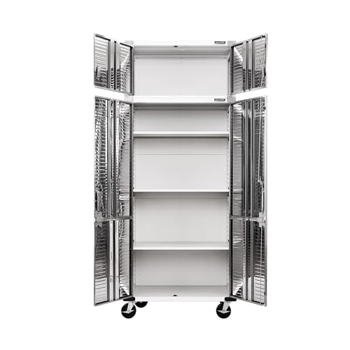 Seville Classics UltraHD 2-Piece Heavy Duty Mega Solid Steel Metal 2-Door Lockable Stacker Wall Storage, Cabinet Set Organizer for Garage, Office, Classroom, White, 36" W x 18" D x 90.5" H