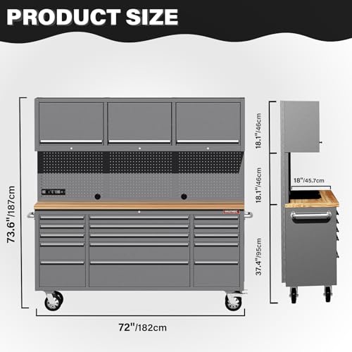 HAUTMEC 72" Rolling Tool Chest, Heavy-Duty Tool Cabinet with Wheels, Garage Workbench with 15 Drawers, 3 Upper Cabinets, Pegboard & 51 Hooks, Oak Worktop & Power Strip – HT0428