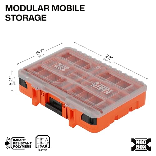 Klein Tools 54400MBX MODbox Tall Compartment Box, Full-Width Tool Organizer, Small Parts Tool Box with 20 Compartments, 9 Removable Bins for Fasteners, Stackable Module