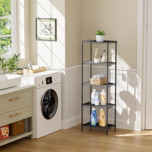 SINGAYE Metal Shelves Wire Shelving：Storage Rack Standing Units Shelf for Kitchen Laundry Bathroom Closet Organizers Pantry Narrow Mesh Adjustable 10" D x 16" W x 55" H Black