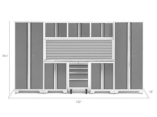 NewAge Products Cabinets Bold Series 9 PC Set Grey Includes ‎72" Worktop, Backsplash Kit, 2 x Two-Door Base, Rolling Tool Drawer, 3 Wall Cabinets, 2 x Multi-Use Lockers, 50523
