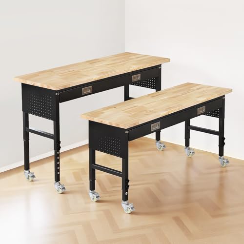 VEVOR 60-inch Adjustable Workbench, 1500 lbs Load Capacity, Garage Workbench with Drawer, Power Outlet, Wheels, and Pegboard, Heavy Duty Oak Wood Top Work Table for Garage, Workshop, Office, and Home