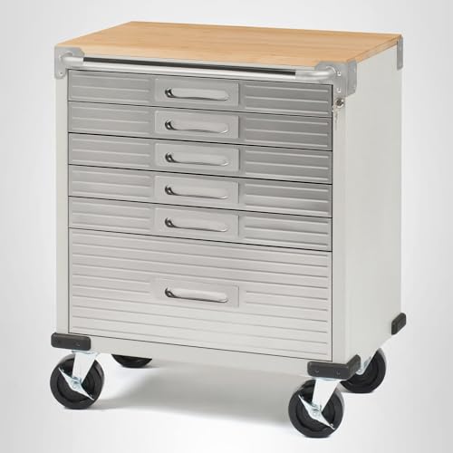 Seville Classics UltraHD Heavy Duty Rolling Cabinet Workbench Table w/Solid Wood Top, Workstation for Garage, Office, Workshop, Granite, 2-Door (28" W x 18" D)