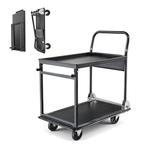 VEVOR Heavy Duty 2 Tier Platform Hand Truck, 700 lbs 2 Tier Push Tool Cart with High-Strength Steel, Utility Cart for Warehouse, Garage, Workshop, Office