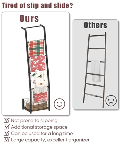 Ansionsol 6.3ft Blanket Ladder with Storage Basket, 5 Tier Decorative Ladder Shelf Stand for Living Room & Bedroom, Wall-Leaning Blanket Holder Quilt Rack for Home Décor, Rustic Brown & Black