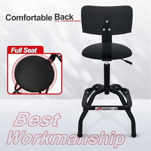 FreekyFit Shop Stool with Backrest, Mechanic Garage Stool for Workshop, Adjustable Shop Stools Chair, Padded Workbench Stools for Men Women, 300 LBS Capacity, 360° Swivel PVC Seat, Heavy Duty, Black