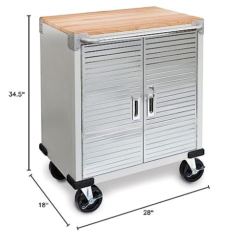 Seville Classics UltraHD Heavy Duty Rolling Cabinet Workbench Table w/Solid Wood Top, Workstation for Garage, Office, Workshop, Granite, 2-Door (28" W x 18" D)
