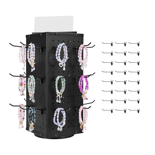 VEVOR Rotating Pegboard Display Stand, 7.4 x 7.4 x 17 in 4-Sided Spinning Peg Board Display with 24 Hooks, Thickened Cold-Rolled Steel Craft Rack Organizer for Grocery Retail Store Jewelry Shop, Black