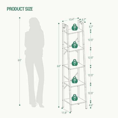 Hzuaneri Ladder Shelf, Bookshelf Bookcase, Freestanding Corner Storage Shelve with 2 Hooks for Home Office, Living Room, Kitchen, Bedroom, Industrial, 11.8" D x 13.4" W x 63" H, Rustic Brown BC03201B