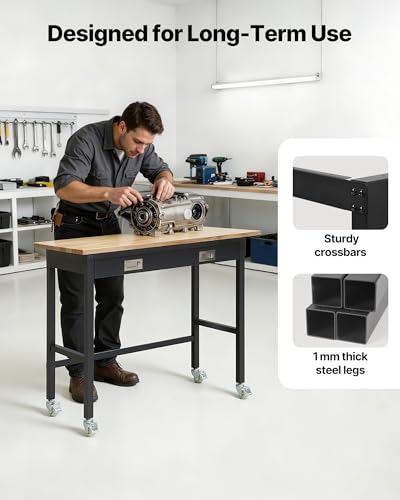VEVOR 48-inch Workbench, 1500 lbs Load Capacity, Garage Workbench with Drawer Storage & Wheels, Workshop Bench on Wheels, Heavy Duty Oak Wood Top Work Table for Garage, Workshop, Office, and Home