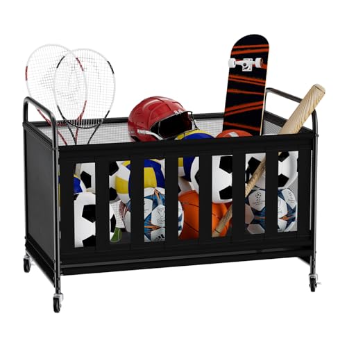 storenization Ball Storage Bin Large with Wheels, Outdoor Ball Storage for Garage, Sports Equipment Organizer Storing Volleyball, Basketball, Toys, Soccer and Baseball